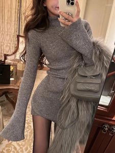 Casual Dresses 2024 Spring Bodycon Knitted Short Party Dress Women Long Sleeve Elegant Office Lady Mini One Piece Korean