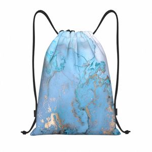 Zaino con coulisse in marmo blu Donna Uomo Sport Gym Sackpack Borsa da allenamento pieghevole Sacco Z2gc #