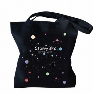 Kvinnor Starry Sky Shop Bag, Big Casual Canvas Bag, Portable Shopper Bag, Carto Tygväska, lätt axel för daglig F3LX#