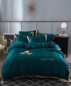 Oloey Satin Silk Bedding Set Luxury Embroidery Bed Set Solid Color Golden Rim Duvet Cover Sheet Queen King Queen Size T200822873985