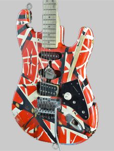 Heavy Relic Edward Van Halen Franken Stein E-Gitarre, weiß, schwarz gestreift, rot, Floyd Rose Tremolo-Steg-Sicherungsmutter, spezieller Gurtknopf