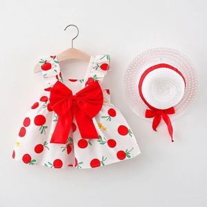 Verão criança menina roupas conjunto bebê vestidos de praia bonito bowknot sem mangas algodão nascido princesa vestido sunhat 3 6 9 12 18 24m 240329