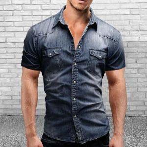 Lapel Short Sleeve Flap Pockets Single-breasted Men Shirt Summer Solid Color Denim Shirt Top