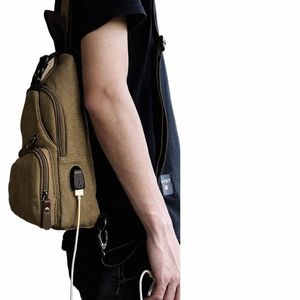 canvas Bag Shoulder Bags Men Crossbody Chest Bag with USB Casual Racket Bag Short Trip s9BJ#