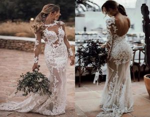 2021 Sexy Sheer Bohemian Sheath Wedding Dresses Jewel Neck Illusion Long Sleeves Plus Size Lace Appliqued Crystal Beads Backless B4575255