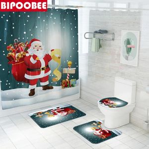 シャワーカーテンメリークリスマスサンタクロースは、バスルームの装飾のためのギフトを提供しますクリスマストイレのふたカバーバスマットセットノンスリップカーペット