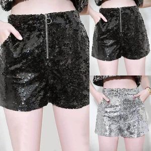 Shorts feminino casual lantejoulas elástico cintura alta confortável verão calças curtas com bolso