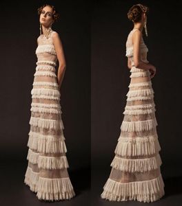 Krikor Jabotian 2019 Кружевные платья для выпускного вечера цвета слоновой кости с жемчужным вырезом и трапециевидным вырезом Сексуальное вечернее платье Торт-пачка с оборками Театрализованное вечернее платье4931651