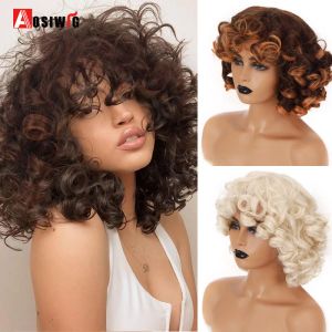 Peruker afro kinky curly peruk med lugg för svarta kvinnor korta naturliga hår lockar cosplay anime glueless blond syntetiska peruker aosiwig