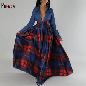 Casual Dresses Prowow High midja Kvinnors maxi -klänning långärmad singel Beated Female Clothing Plaid Print Semesterutrymmen