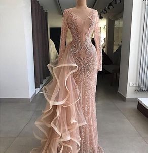 Aso ebi sjöjungfru aftonklänningar med lång ren halsringning ruffles tyll illusion långa ärmar prom klänning major pärlor vestidos de 4973561