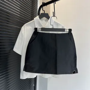 2024 Women's Two Piece Skirts Suits Summer White Short Sleeve Button up Tshirts and High waist Black Mini Skirt Tracksuit Casual Loose Sets