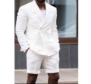White Linen Man Suits with Double Breasted Blazer Short Pants Two Piece Summer Casual Style Male Jacket Wedding Groom Tuxedos9851386