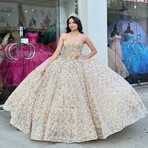 Sparkly Champagne Ball Gown Quinceanera Dress With Bow 2024 Sweetheart Applique Bead Birthday Party Sweet 16 Vestidos De 15 Anos