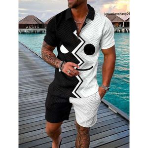 Conjunto de camisa polo com zíper da moda masculino casual estampado manga curta Bj4q