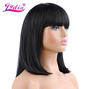 Wigs Lydia Synthetic Wigs For Women 100% Kanekalon Black 1B# Bob Wig 14 Inch Heat Resistant With Free Side Neat Bang