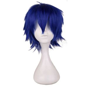 Perucas qqxcaiw homens curto traje cosplay peruca meninos azul escuro 30 cm resistente ao calor perucas de cabelo sintético