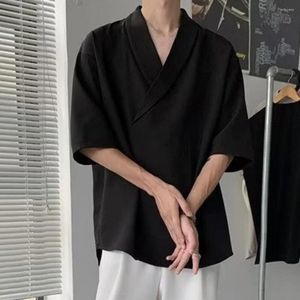 Camisas casuais masculinas soltas ajuste japonês streetwear quimono camisa homens cor lisa meia manga verão cardigan xxxxxl masculino