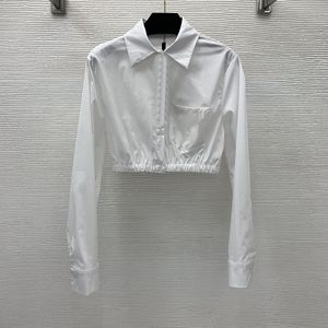 White Cropped Women Blouse Shirts Long Sleeve White Tops Summer Spring Elastic Waist Shirts