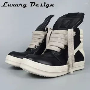 Casual Shoes Men High Top Sneakers Jumbo Lace Up Thick Sole Black Fashion Designer Real Leather Male Women Flats Boots