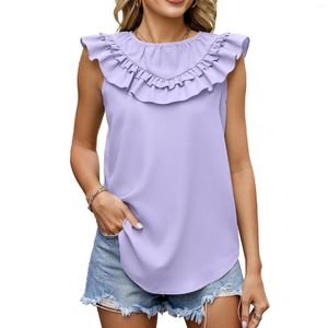 Kvinnors blusar Summer Solid Color Pleated Round Neck Ruffled Edge Patchwork Chiffon Top for Women