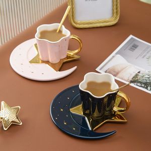 Coffee Cup Saucer Set Ceramic Paint in Gold Mug Star Moon Shaped 240328