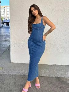 HH TRAF Womens Summer Vintage Denim Dress Fashion Quare Neck Disteress Back Zipper Disual Slim Slit Sexy Midi Dresses 240329