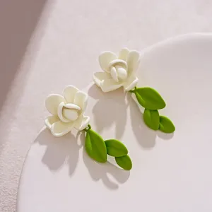 Orecchini Pendenti Holy White Gardenia Per Le Donne Francese Elegante Fiore Foglia Verde Appeso Goccia Estate Avanzato Ornamento Di Gioielli