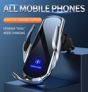 Automatisk 15W Qi Car Wireless Charger för iPhone 13 12 XS XR X 8 S20 S10 Magnetisk USB Infraröd sensor Telefonhållare Mount7213243