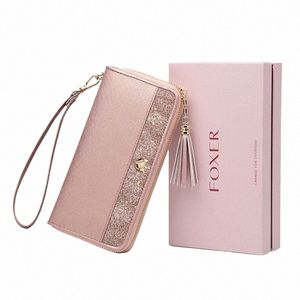 Foxer Women's Glitter Split Leather LG Plånbok med armband Luxury Female Gift Purse Lady Clutch Phe Bags Stylish Card Holder K2NS#