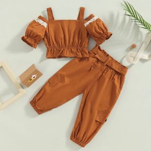 2Pcs Kids Girls Clothes Summer Outfits Ruffle Puff Short Sleeve Cold Shoulder Crop Tops + Cargo Pants with Pocket Belt Set