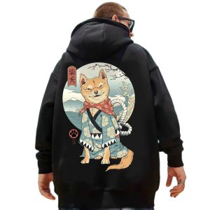 2023 Новый самурайский кот с капюшоном с капюшоном японский элемент графический пуловер осень Основной Основной Капюшон Негабаритный пальто