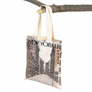 New Yorker Noel Kadınlar Alışveriş Poşetleri Süpermarket Tote Leydi Çanta Her iki tarafı yeniden kullanılabilir katlanabilir gündelik tuval dükkan çantası R98D#