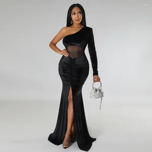 Casual Dresses Cozok 2024 List Sexig Club Suede Dress Full Sleeve One Off Shoulder Sweet High-End High midja Women Long Spit Mermaid