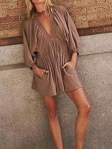 Casual Dresses Women s Summer Deep V Neck 3 4 Sleeve Short Tunic Loose Flowy Swing Shirt Smocked With Pockets