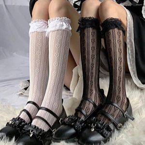 Women Socks Vintage Lace Love Calf Fashion Lolita Girl Cartoon Cute Black and White Mid Tube Stocking Dance Ballet Sox Accessories