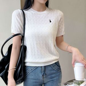 Sommer Neue Eis Seide Kurzarm Stricken Pullover Wolle Gebraten Teig Wendungen Stickerei Dünne Casual Vielseitig Top Frauen