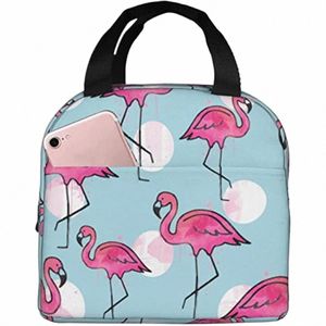 reusable Lunch Tote Bag Pink Flamingo Watercolor Pattern Insulated Lunch Bag Durable Cooler Lunch Box w44N#