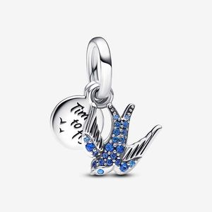 Pırıltılı Swallow Teklif Çift Dangle Charm Pandoras 925 STERLING Gümüş Lüks Cazibe Set Set Yapma Takım Tasarımcı Kolye Kolye Orijinal Kutu