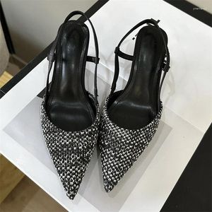 Elbise ayakkabı kadın sivri ayak parmağı pompalar tasarım örgü slingbacks sandalet sığ kayma üzerinde dişi ince alçak topuklu retro