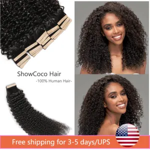 Extensions Kinky Curly Tape in Hair Extensions Human Hair Natural Black #1B Invisible PU Skin Weft for Black Women Seamless Full Head Hair