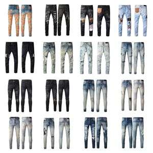 Slim fit jeans am jeans elastic jeans trendy distressed denim pants pucker Hole patch trousers designer mens jeans Long hippop Sticker Embroidery jean