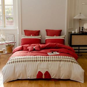 Bedding Sets 100 Thread Count Long Staple Cotton Red Princess Style Bow Set DuvetCover Bedsheet Pillowcase Bed Linen For Adult