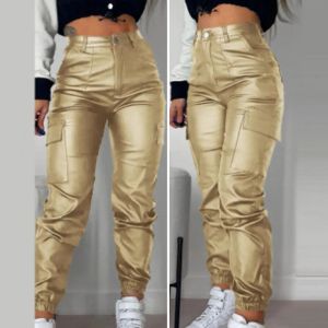 Women Faux Leather Pants Smooth High Elastic Waist Lady Long Trousers Ankle-banded Pockets Zipper Slim Fit Motorcycle Trousers