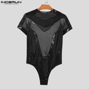 INCERUN 2024 Sexy Casual Mens Loungewear Flash Splicing Mesh Design Bodysuits Stylish Male Short Sleeve Triangle Jumpsuits S-3XL