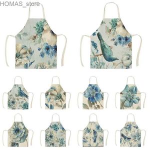 Aventais Blue Flower and Bird Pattern Kitchen Apron para homens e mulheres Cozimento doméstico Cleaning Cleaning Cotton and Linen Apron Butier Y2404019EN3