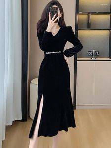 Casual Dresses 2024 Black Velvet Diamonds Chic Festival Dress Autumn Winter Elegant Ruffled Mermaid Long Female Korean Bodycon Gown