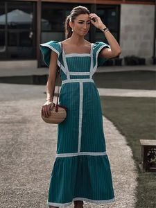 Vintage Plaid Flying Sleeve Shoulder Midi Dress Elegant Spliced Square Collar High Waist Vestidos Spring Street Female Robe 240315