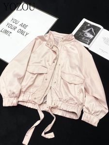 YOZOU Autumn Fall Pink Silk Satin Oversized Loose Y2k Bomber Jacket Baseball Zipper Coat Women Top Korean Outwear Rave Outfits 240319