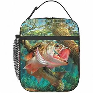 bass Fish Insulated Lunch Box Lunch Bag Portable Meal Bag Reusable Tote Snack Bags for Men Women Teens Office Travel Picnic g78h#